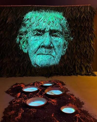 Art installation with projected portrait and illuminated bowls